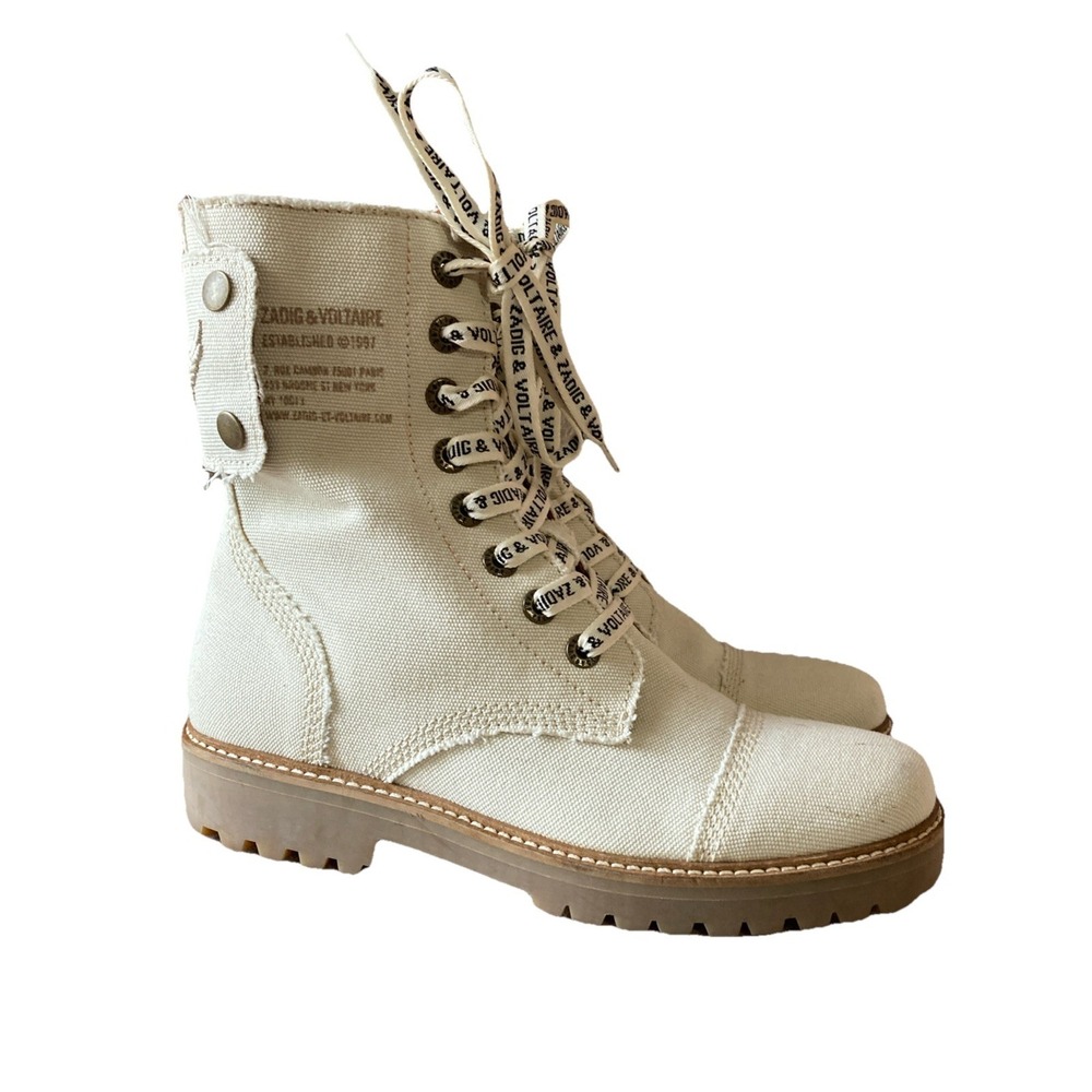 ZADIG VOLTAIRE JOE CANVAS BOOTS SZ 10 US / 40 UK Ivory Clean COND Combat Zip